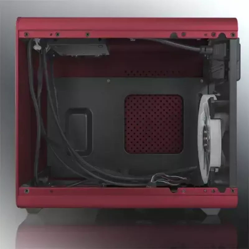 RAIJINTEK METIS PLUS Mini Tower PC skriňa červená — Mini-ITX, 1x 3,5-palcový slot, 4x 2,5-palcové sloty, 120-mm ventilátor