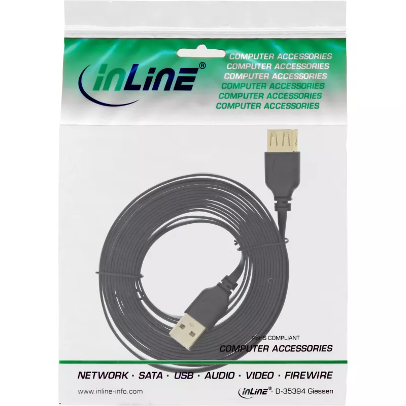 InLine USB 2.0 plochý kábel Type-A konektor samec / konektor samica pozlátený čierny 2m