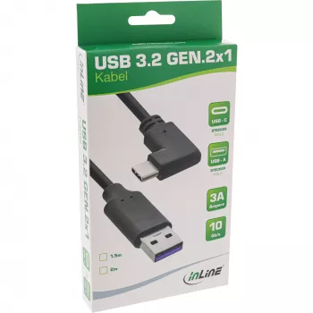 InLine USB 3.2 kábel, USB-C konektor samec zahnutý na USB-A konektor samec, čierny, 2m
