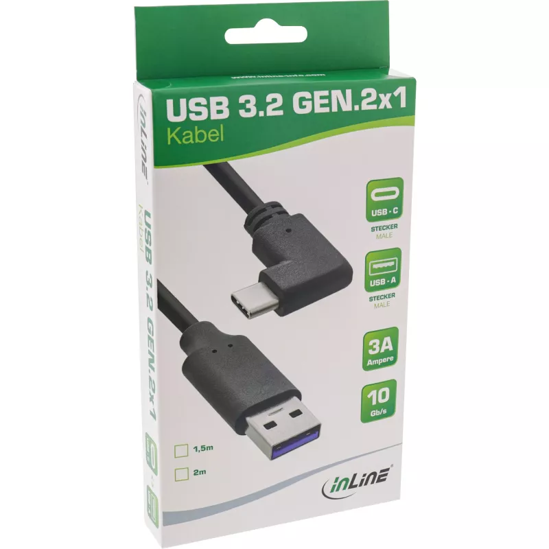 InLine USB 3.2 kábel, USB-C konektor samec zahnutý na USB-A konektor samec, čierny, 2m