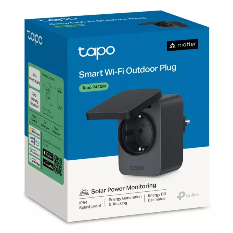 Smart konektor TP-Link Tapo P410M – Outdoor Wi-Fi zásuvka, 3680 W, 200–250 V, čierna