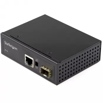 StarTech.com priemyselný konvertor optického vlákna na Ethernet – 10/100/1000 Mbit/s SFP na RJ45/Cat6 – jednovidové/multividové optické vlákno na medenú gigabitovú sieť – 12-56V DC – IP-30/ -40 až +75°C