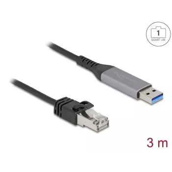 Sieťový kábel DELOCK USB Type-A na RJ45 Gigabit Ethernet Cat6, 3 m, antracit/čierna