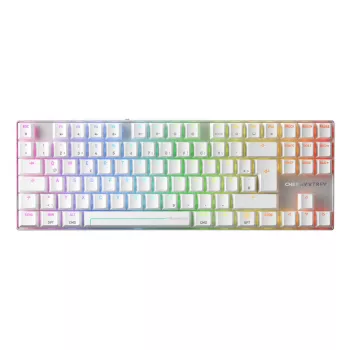 Bezdrôtová herná klávesnica CHERRY MX 8.2 Pro TMR — Tenkeyless, QWERTZ nemecká, USB + RF + Bluetooth, RGB, strieborná/biela