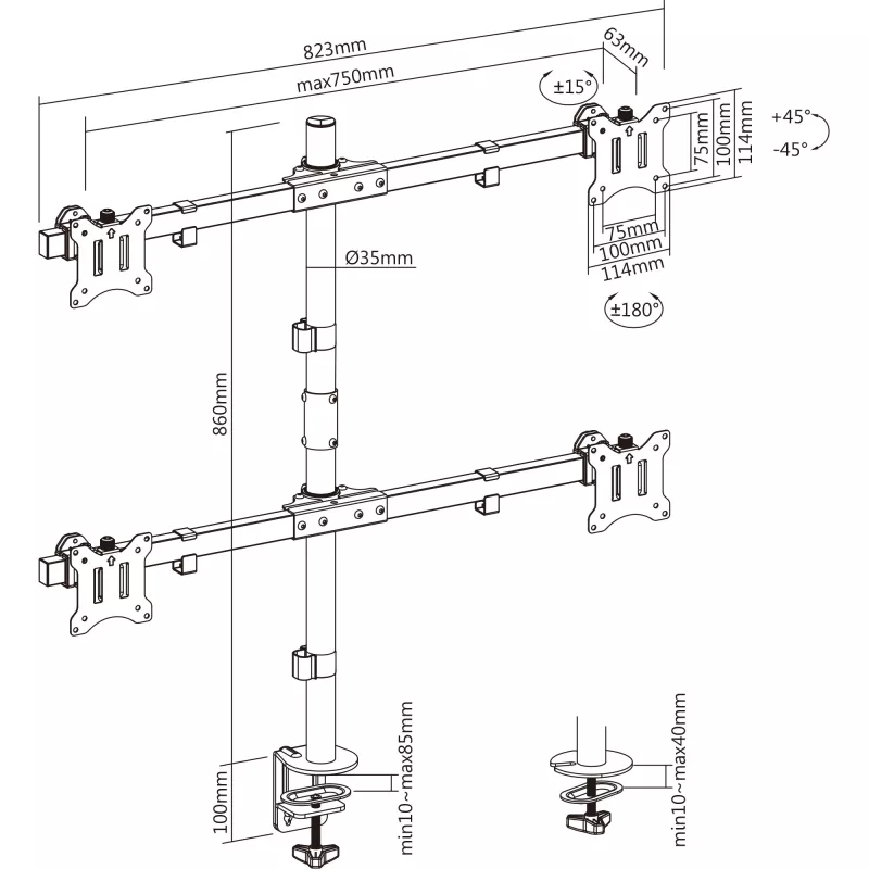 InLine stolový držiak pre 4x TV / LED / TFT displej do 81cm 32