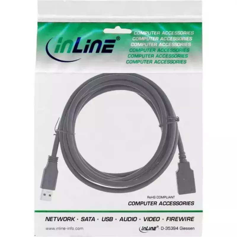 USB 3.2 Gen 1 (USB 3.0) predlžovací kábel A-konektor samec–A-konektor samica, InLine, 2 m, čierny — balenie 50 ks