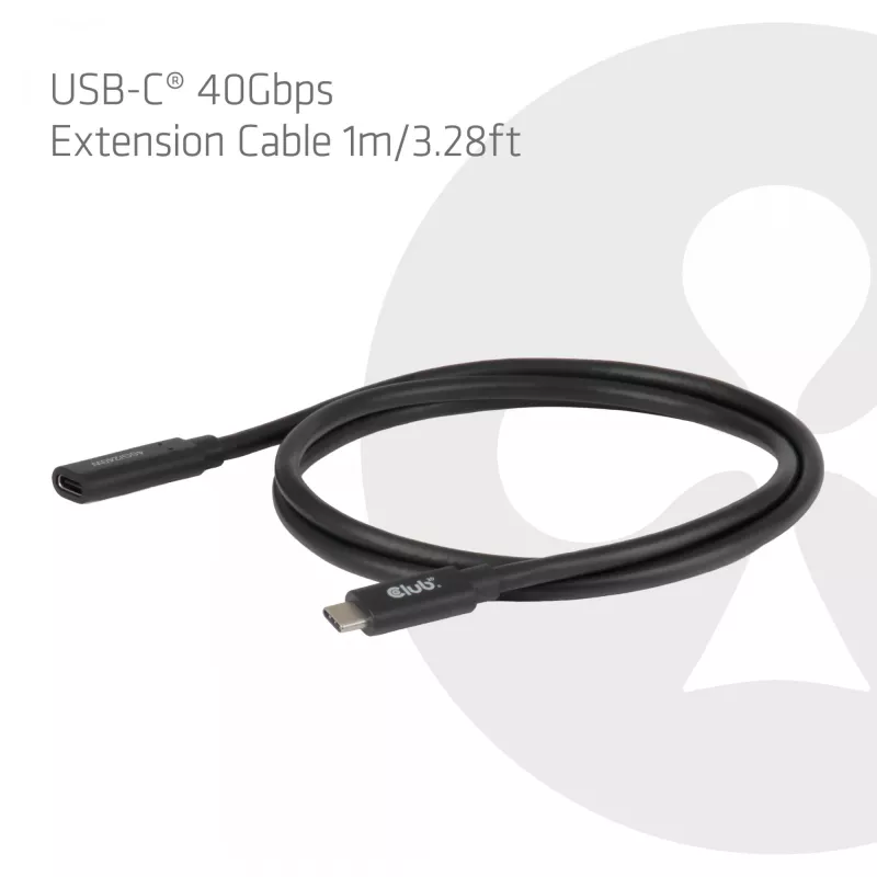 USB-C 40Gbps predlžovací kábel 1 m — club 3d, USB C na USB C, čierny
