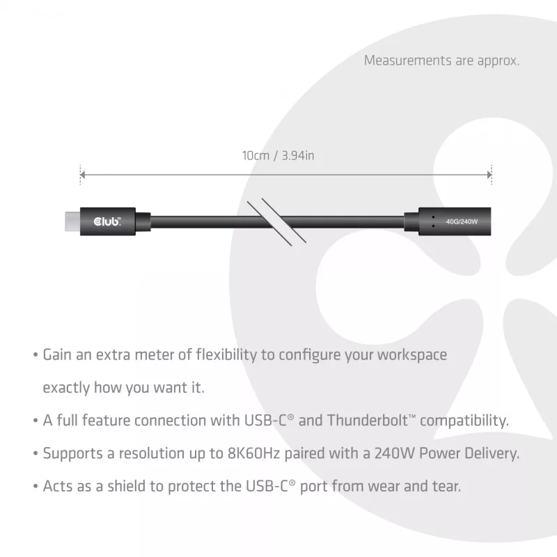 USB-C 40Gbps predlžovací kábel 1 m — club 3d, USB C na USB C, čierny