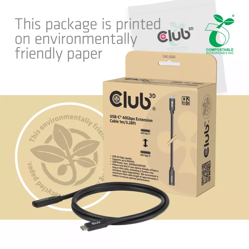 USB-C 40Gbps predlžovací kábel 1 m — club 3d, USB C na USB C, čierny