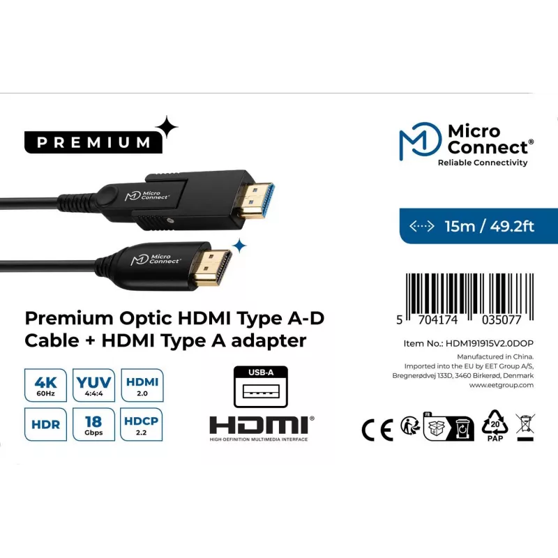 Microconnect Premium Optic HDMI A-D kábel, 15 m, HDMI Type-A (štandard), HDMI Type-A (štandard), 4096 x 2160 pixelov, 3D, čierny