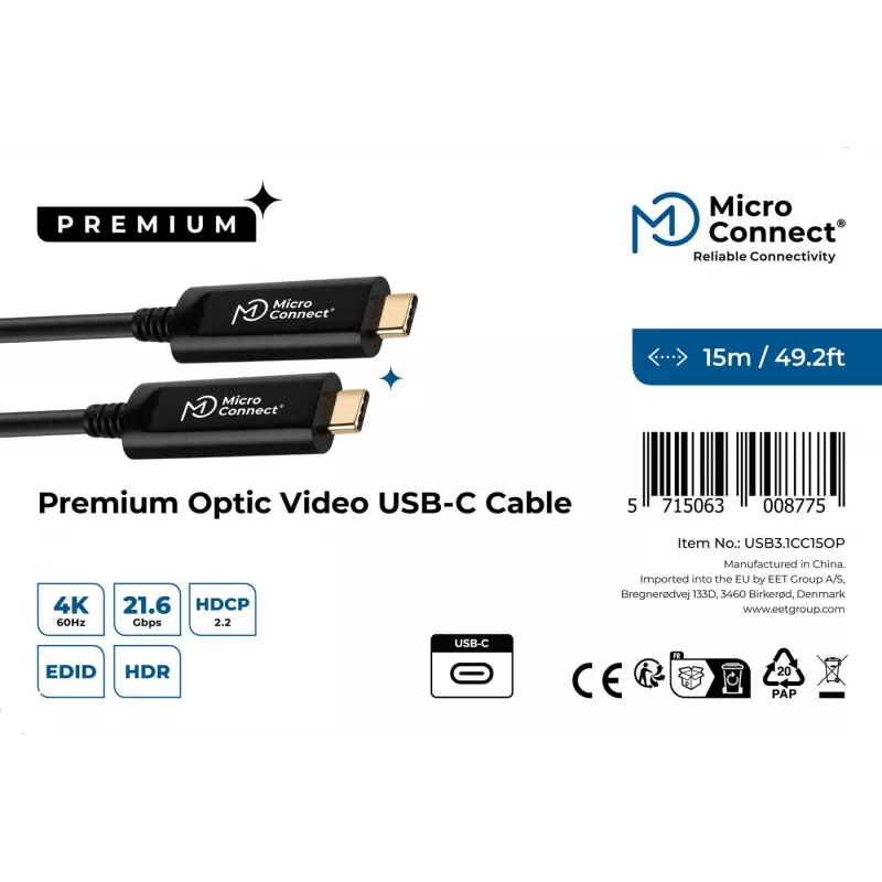 Microconnect USB3.1CC15OP USB kábel USB 3.2 Gen 1 (3.1 Gen 1) 15 m USB C čierny