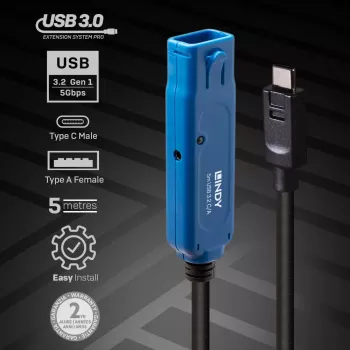 Lindy 5m USB 3.2 Gen 1 C/A Active Extension Pro, 5 m, USB C, USB A, USB 3.2 Gen 1 (3.1 Gen 1), čierny