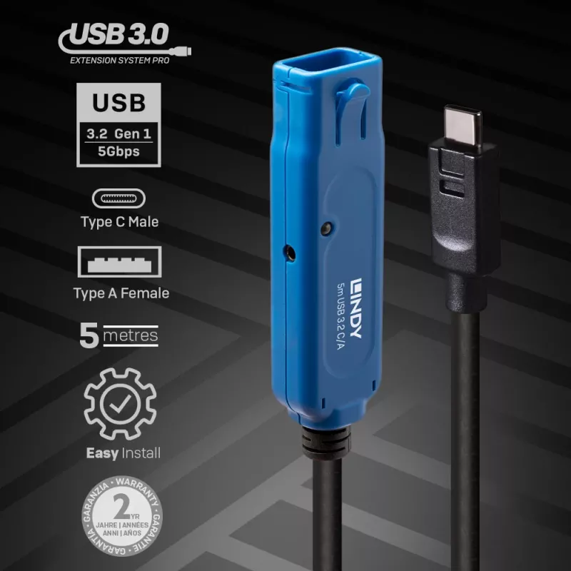 Lindy 5m USB 3.2 Gen 1 C/A Active Extension Pro, 5 m, USB C, USB A, USB 3.2 Gen 1 (3.1 Gen 1), čierny