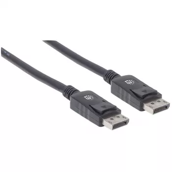 Manhattan DisplayPort 1.2 kábel, 4K@60hz, 1m, konektor samec na konektor samec, so zaistením, úplne tienený, čierna, doživotná záruka, zodpovedá DISPL1M