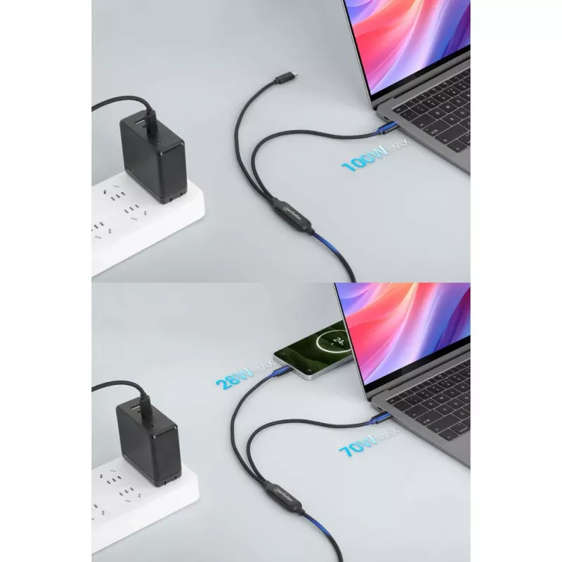 Manhattan duálny nabíjací kábel USB-C na USB-C, 100 W, 2 m, konektor samec na dva konektory samec, inteligentný rozbočovací kábel, nabíja dve zariadenia cez jeden USB-C-PD port, dodáva až 100 W pri samostatnom nabíjaní a až 70 W + 28 W pri dvojitom nabíjaní, opletený kábel, hliníkové konektory, čierny