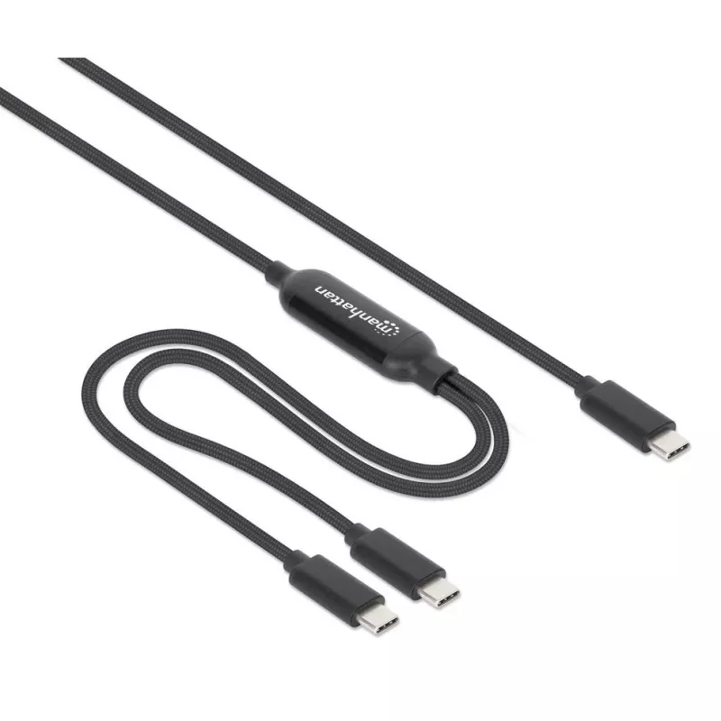Manhattan duálny nabíjací kábel USB-C na USB-C, 100 W, 2 m, konektor samec na dva konektory samec, inteligentný rozbočovací kábel, nabíja dve zariadenia cez jeden USB-C-PD port, dodáva až 100 W pri samostatnom nabíjaní a až 70 W + 28 W pri dvojitom nabíjaní, opletený kábel, hliníkové konektory, čierny