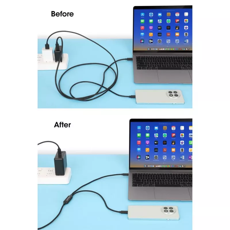 Manhattan duálny nabíjací kábel USB-C na USB-C, 100 W, 2 m, konektor samec na dva konektory samec, inteligentný rozbočovací kábel, nabíja dve zariadenia cez jeden USB-C-PD port, dodáva až 100 W pri samostatnom nabíjaní a až 70 W + 28 W pri dvojitom nabíjaní, opletený kábel, hliníkové konektory, čierny