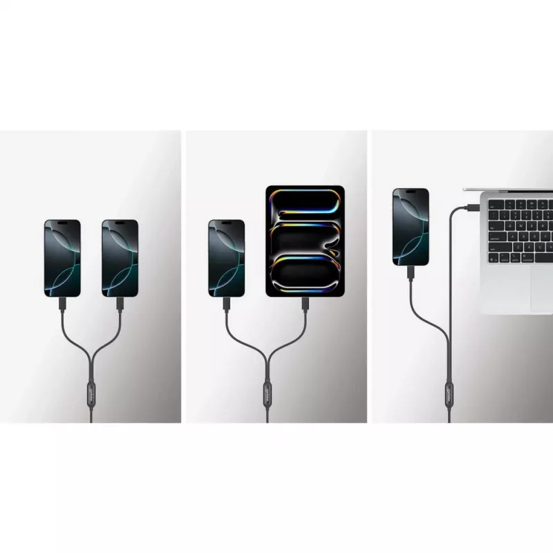 Manhattan duálny nabíjací kábel USB-C na USB-C, 100 W, 2 m, konektor samec na dva konektory samec, inteligentný rozbočovací kábel, nabíja dve zariadenia cez jeden USB-C-PD port, dodáva až 100 W pri samostatnom nabíjaní a až 70 W + 28 W pri dvojitom nabíjaní, opletený kábel, hliníkové konektory, čierny