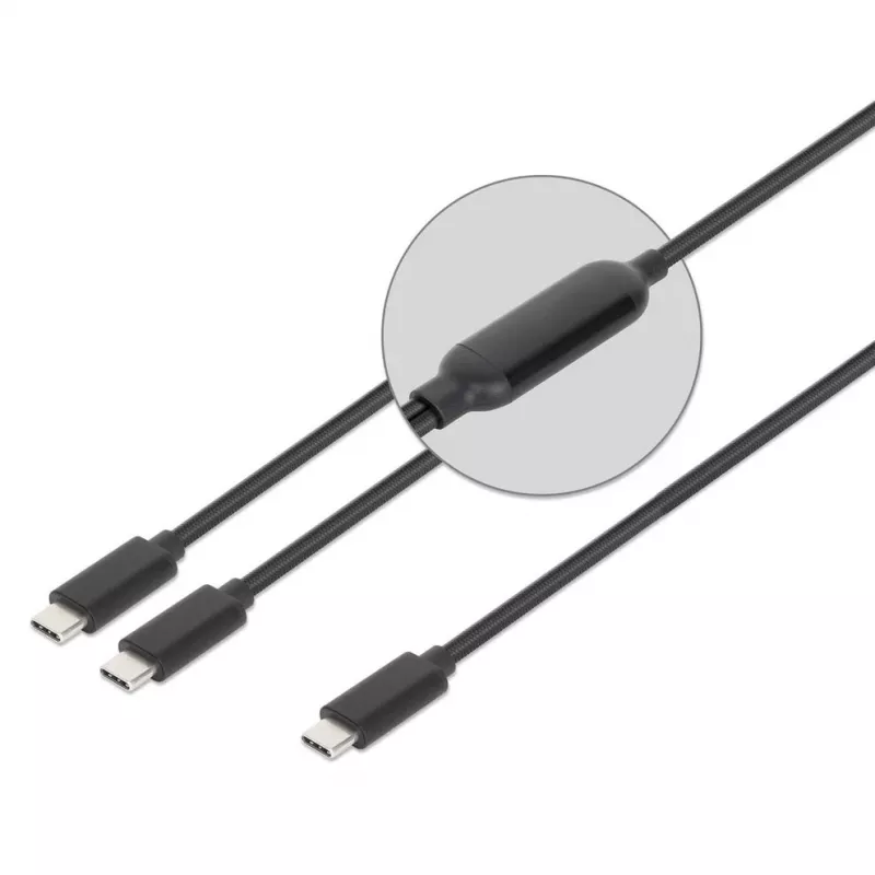 Manhattan duálny nabíjací kábel USB-C na USB-C, 100 W, 2 m, konektor samec na dva konektory samec, inteligentný rozbočovací kábel, nabíja dve zariadenia cez jeden USB-C-PD port, dodáva až 100 W pri samostatnom nabíjaní a až 70 W + 28 W pri dvojitom nabíjaní, opletený kábel, hliníkové konektory, čierny
