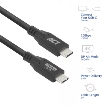 ACT USB4 20Gbps 240W USB Type-C kábel, 2 metre, 2 m, USB C, USB C, USB4 Gen 2x2, 20 Gbit/s, čierny