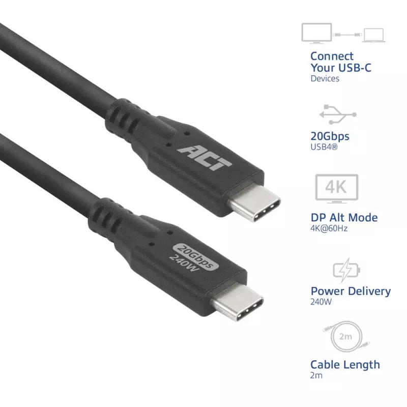 ACT USB4 20Gbps 240W USB Type-C kábel, 2 metre, 2 m, USB C, USB C, USB4 Gen 2x2, 20 Gbit/s, čierny