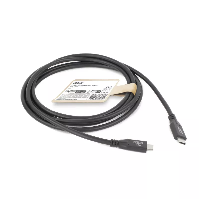 ACT USB4 20Gbps 240W USB Type-C kábel, 2 metre, 2 m, USB C, USB C, USB4 Gen 2x2, 20 Gbit/s, čierny