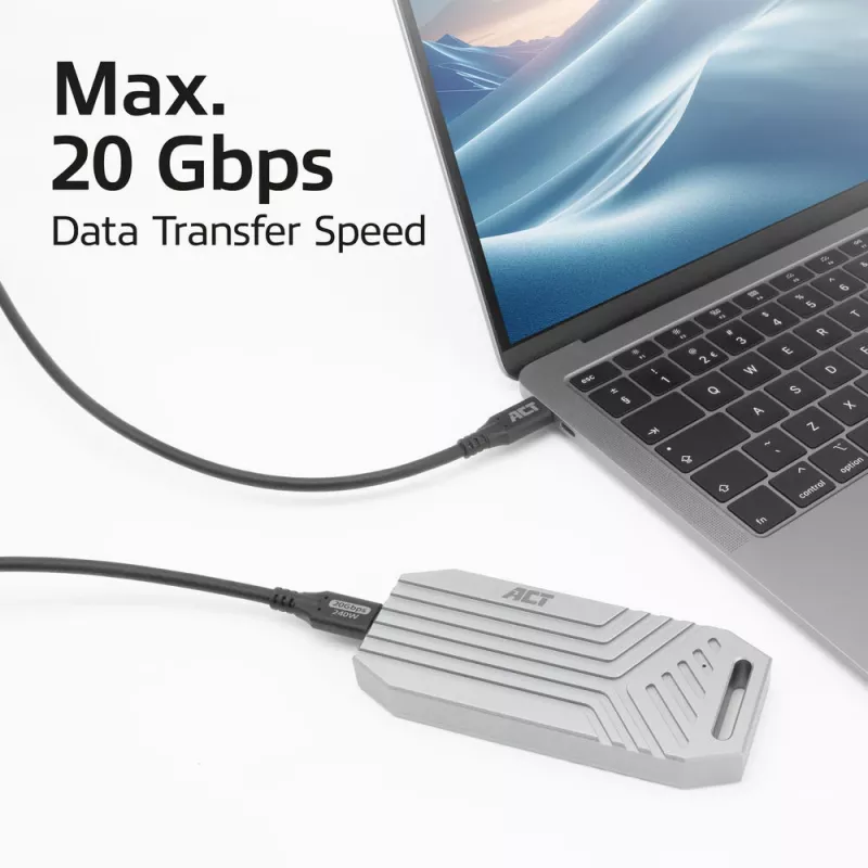 ACT USB4 20Gbps 240W USB Type-C kábel, 2 metre, 2 m, USB C, USB C, USB4 Gen 2x2, 20 Gbit/s, čierny