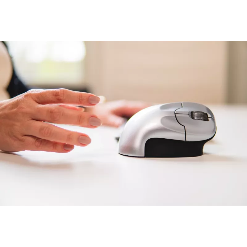 BakkerElkhuizen Grip myš bezdrôtová, pre pravákov, vertikálny dizajn, optická, RF Wireless, 1600 DPI, čierna, strieborná