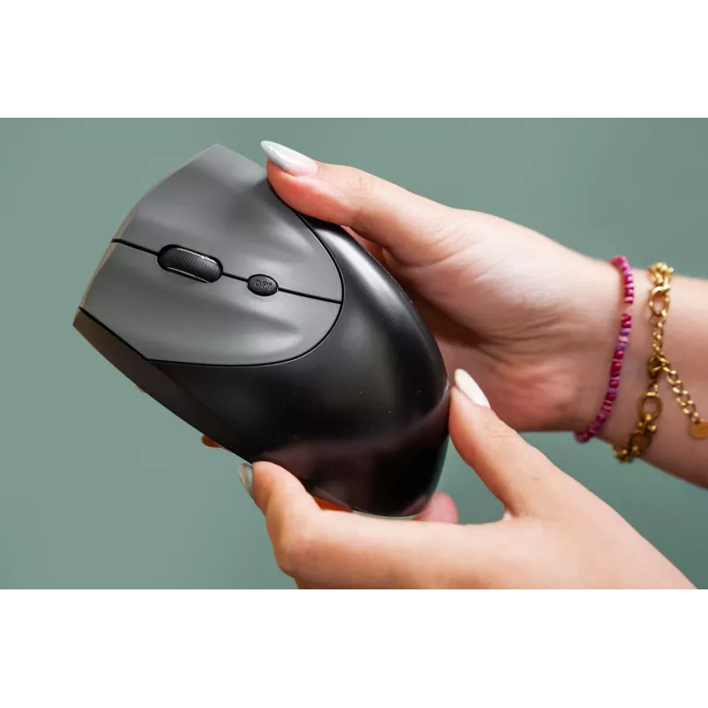 BakkerElkhuizen Handshake myš Left, pre ľavákov, vertikálny dizajn, optická, RF Wireless + Bluetooth + USB Type-C, 6400 DPI, čierna, sivá