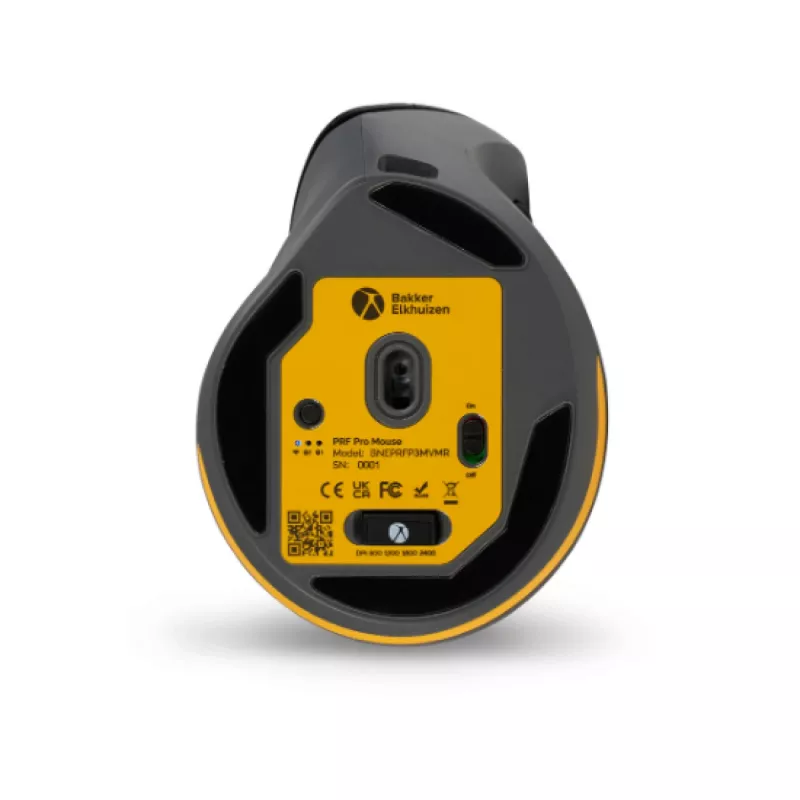 BakkerElkhuizen PRF Pro myš pravá, pre pravákov, vertikálny dizajn, optická, RF Wireless + Bluetooth + USB Type-C, 2400 DPI, čierna, sivá