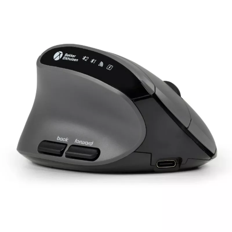 BakkerElkhuizen MidWay myš ľavá, pre ľavákov, vertikálny dizajn, optická, RF Wireless + Bluetooth + USB Type-C, 2400 DPI, sivá, čierna