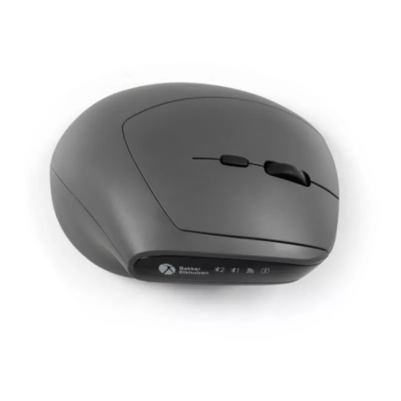BakkerElkhuizen MidWay myš ľavá, pre ľavákov, vertikálny dizajn, optická, RF Wireless + Bluetooth + USB Type-C, 2400 DPI, sivá, čierna
