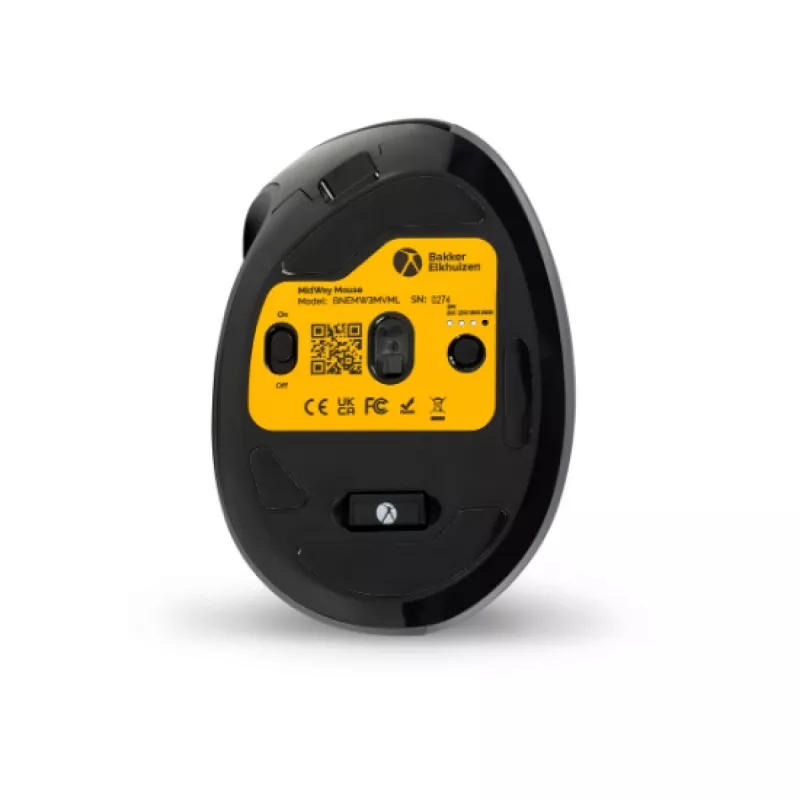 BakkerElkhuizen MidWay myš ľavá, pre ľavákov, vertikálny dizajn, optická, RF Wireless + Bluetooth + USB Type-C, 2400 DPI, sivá, čierna