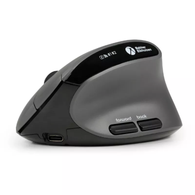 BakkerElkhuizen MidWay myš pravá, pre pravákov, vertikálny dizajn, optická, RF Wireless + Bluetooth + USB Type-C, 2400 DPI, sivá, čierna