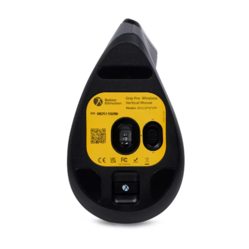 BakkerElkhuizen Grip Pro myš, pre pravákov, vertikálny dizajn, optická, RF Wireless, 2400 DPI, sivá, čierna, žltá