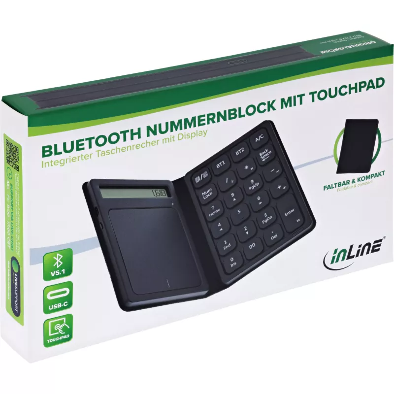 InLine 55379G Bluetooth numerická klávesnica s touchpadom a displejom, skladacia, čierna