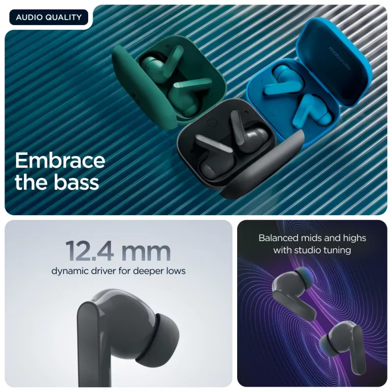 Headset MOTOROLA Moto Buds Bass TWS Bluetooth In-Ear pre hovory a hudbu, čierna, 51 g