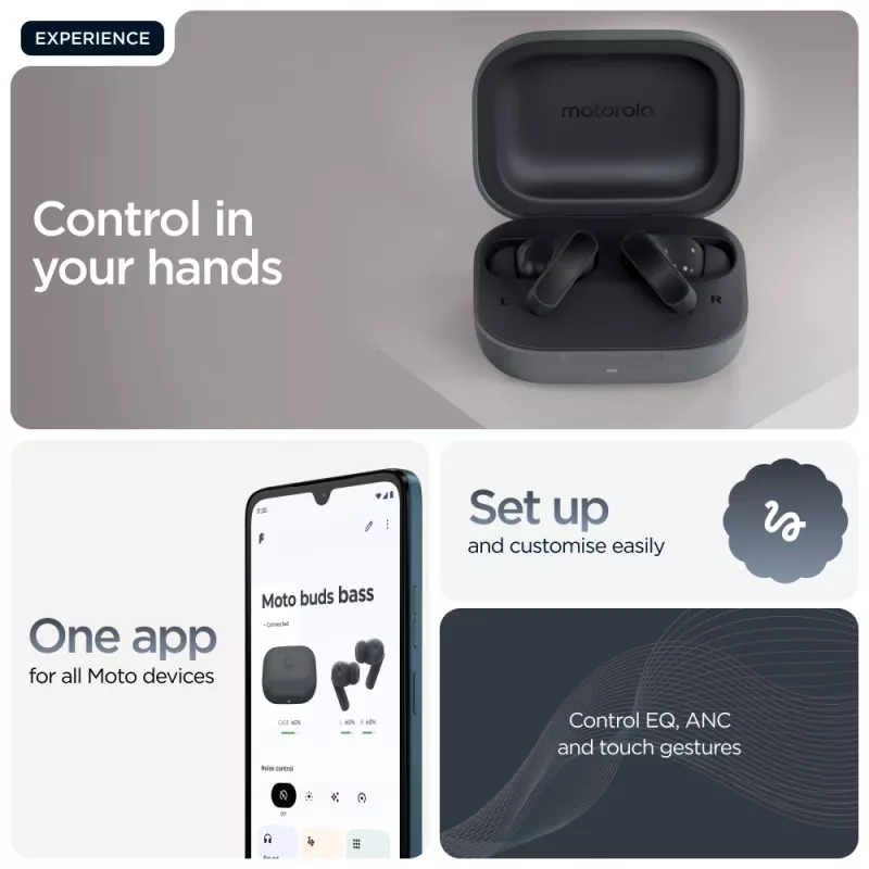 Headset MOTOROLA Moto Buds Bass TWS Bluetooth In-Ear pre hovory a hudbu, čierna, 51 g