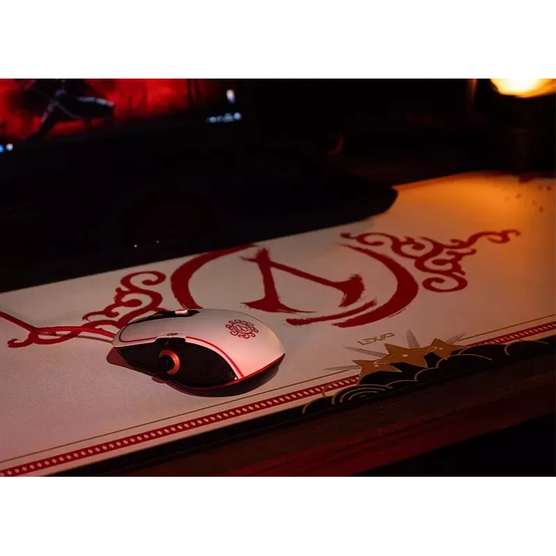 Lexip X Ubisoft - Assassin's Creed - Shadows myš, pravá ruka, optická, USB Type-A, 12000 DPI, čierna, zlatá, červená, biela