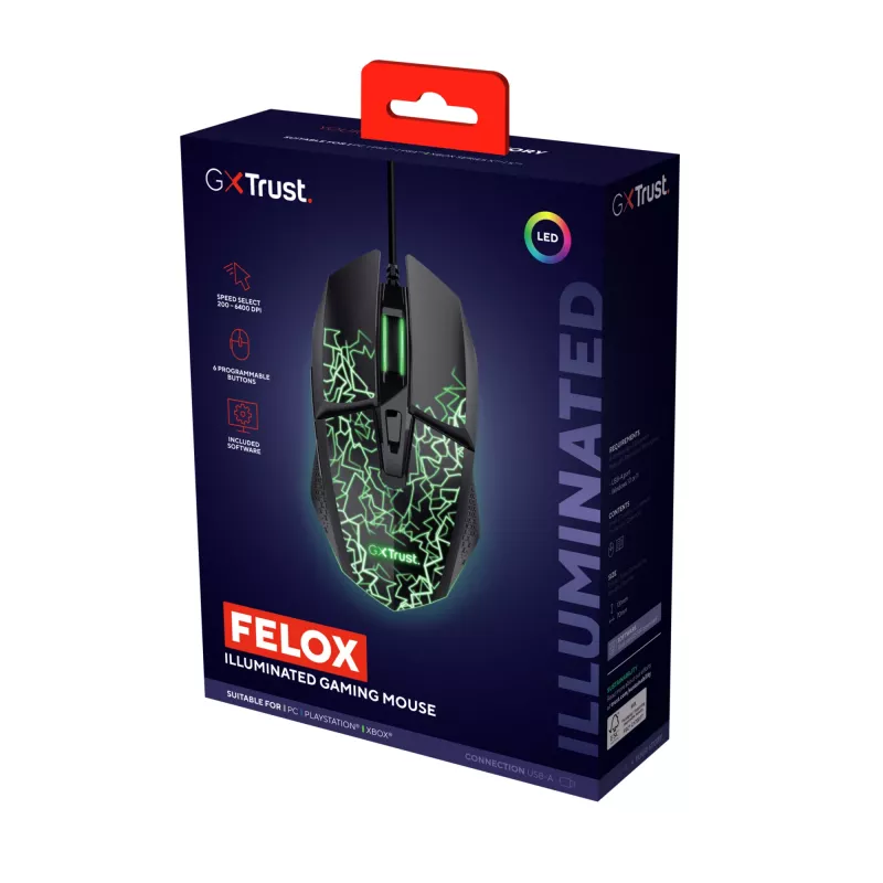Trust GXT 113 Felox myš herná pravá ruka USB Type-A optická 6400 DPI