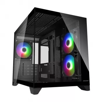 Mini-Tower PC skriňa Cougar FV150 ARGB — čierna, podporuje 2x120/140 mm bočné ventilátory, 1x120 mm zadný, HDD 2,5 palca/3,5 palca, 285×435×365 mm