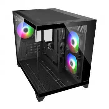 Mini-Tower PC skriňa Cougar FV150 ARGB — čierna, podporuje 2x120/140 mm bočné ventilátory, 1x120 mm zadný, HDD 2,5 palca/3,5 palca, 285×435×365 mm