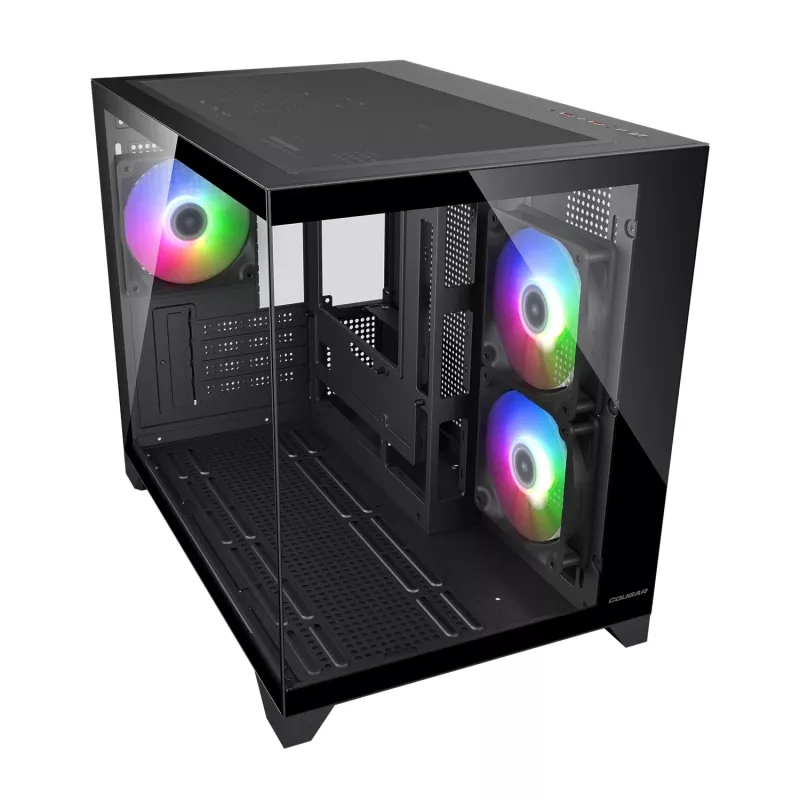 Mini-Tower PC skriňa Cougar FV150 ARGB — čierna, podporuje 2x120/140 mm bočné ventilátory, 1x120 mm zadný, HDD 2,5 palca/3,5 palca, 285×435×365 mm
