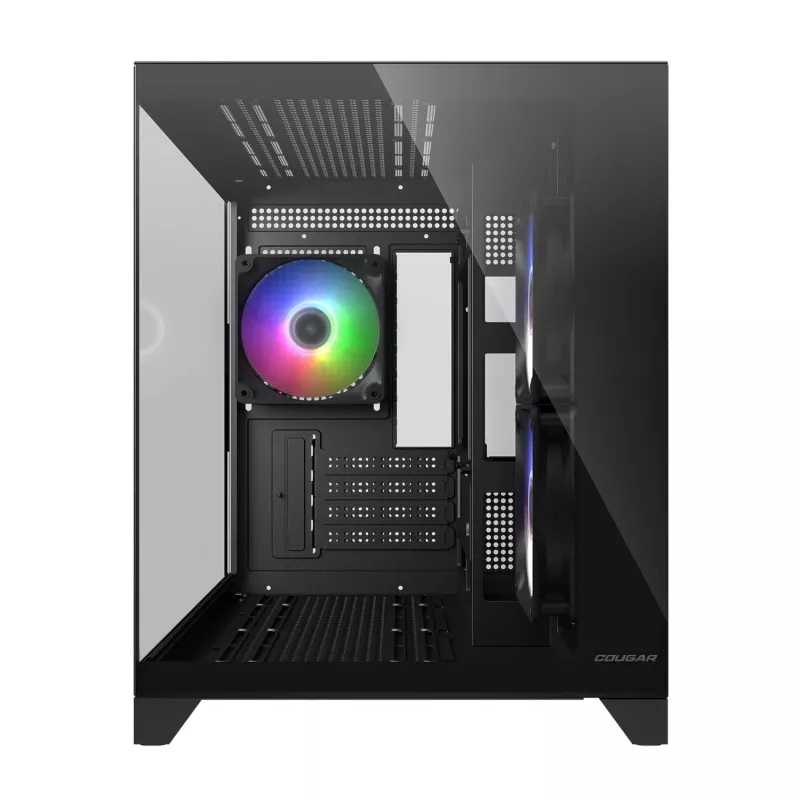 Mini-Tower PC skriňa Cougar FV150 ARGB — čierna, podporuje 2x120/140 mm bočné ventilátory, 1x120 mm zadný, HDD 2,5 palca/3,5 palca, 285×435×365 mm