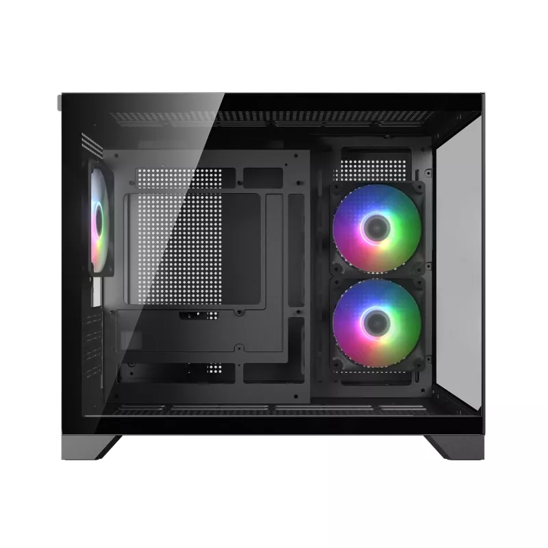 Mini-Tower PC skriňa Cougar FV150 ARGB — čierna, podporuje 2x120/140 mm bočné ventilátory, 1x120 mm zadný, HDD 2,5 palca/3,5 palca, 285×435×365 mm