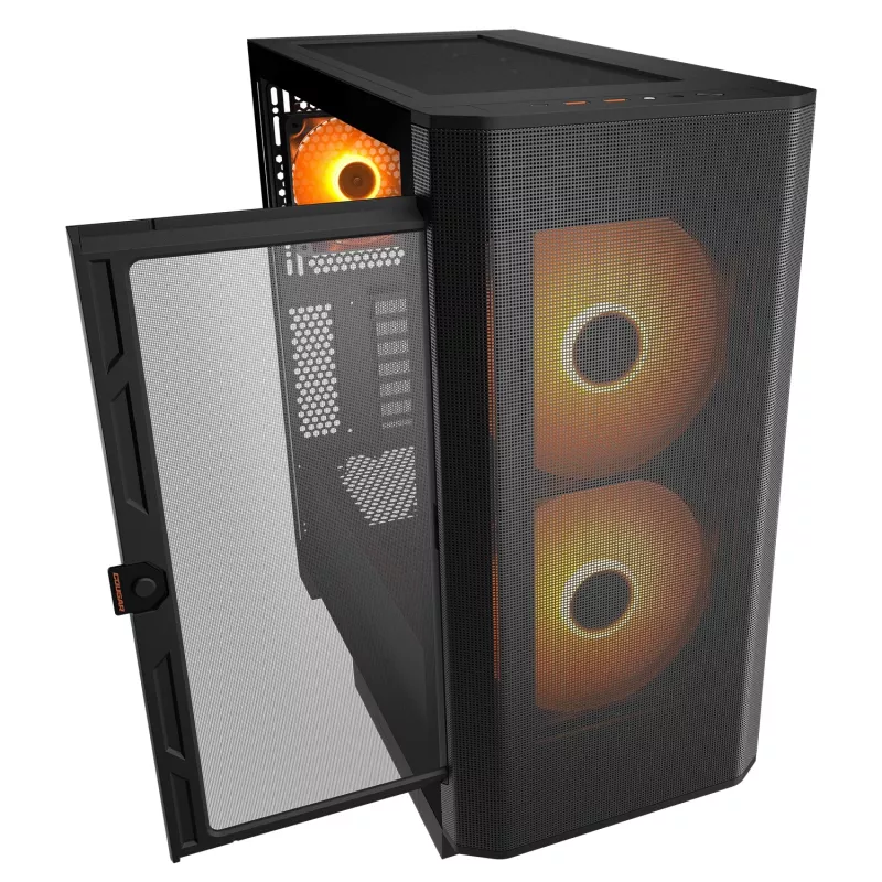 PC Midi Tower skriňa Cougar Airface FLO ARGB, čierna — podporuje 2x 180 mm vpredu, 1x 120 mm vzadu, 2,5/3,5 palcové disky, 240×480×509 mm