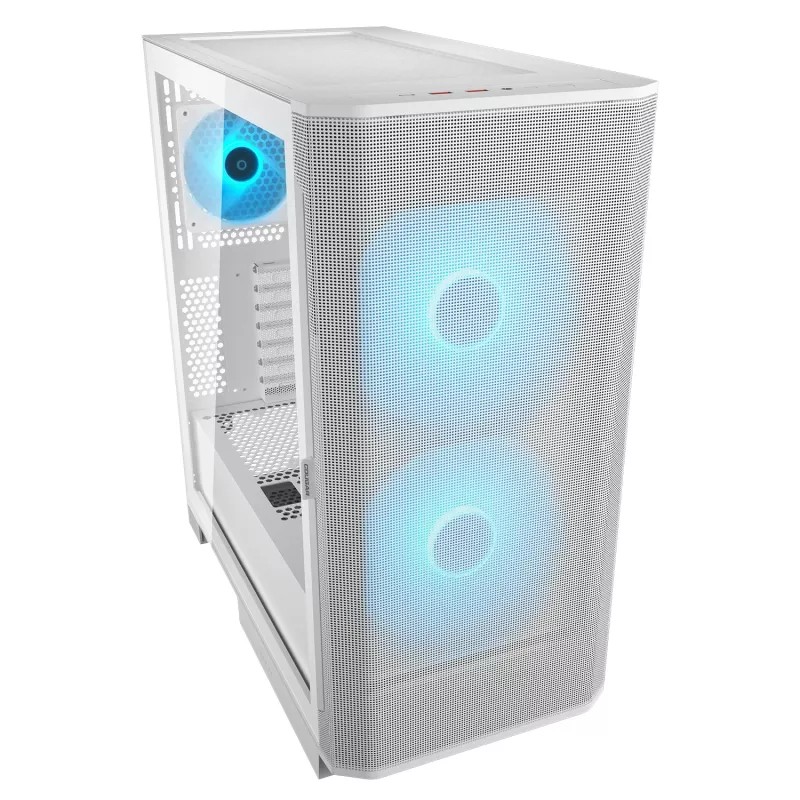 COUGAR PC Midi Tower skriňa Airface FLO ARGB biela — 2x180mm vpredu, 1x120mm vzadu, podporuje 2,5 palca/3,5 palca HDD, 240×480×509 mm