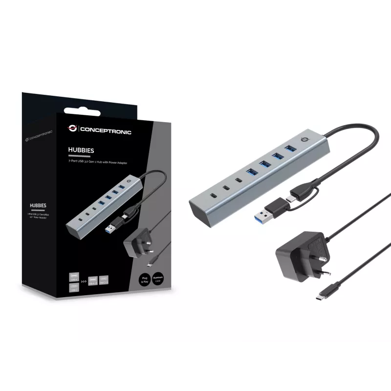 Conceptronic HUBBIES20GP 7-portový USB 3.0 hub s napájacím zdrojom, 5Gbps, USB-C x 3, USB-A x 4