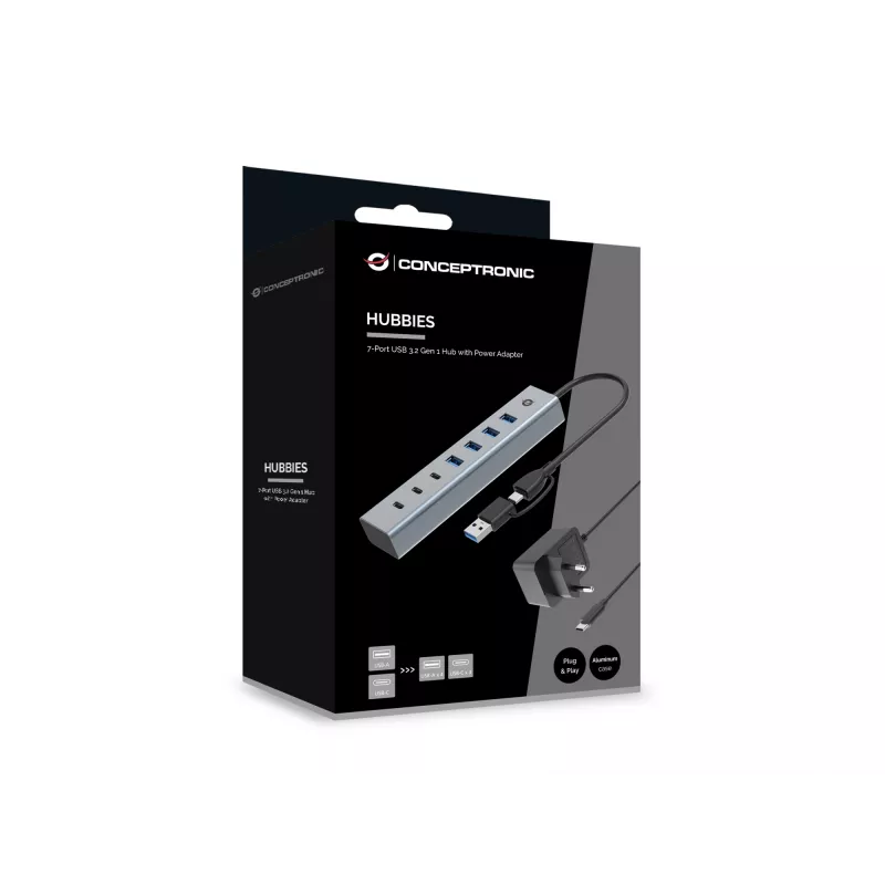 Conceptronic HUBBIES20GP 7-portový USB 3.0 hub s napájacím zdrojom, 5Gbps, USB-C x 3, USB-A x 4