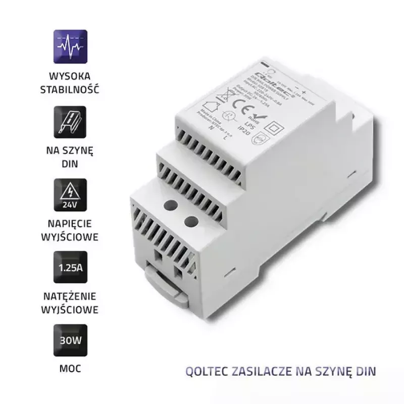 Napájací zdroj na lištu QOLTEC 30W 24V 1,25A sivý